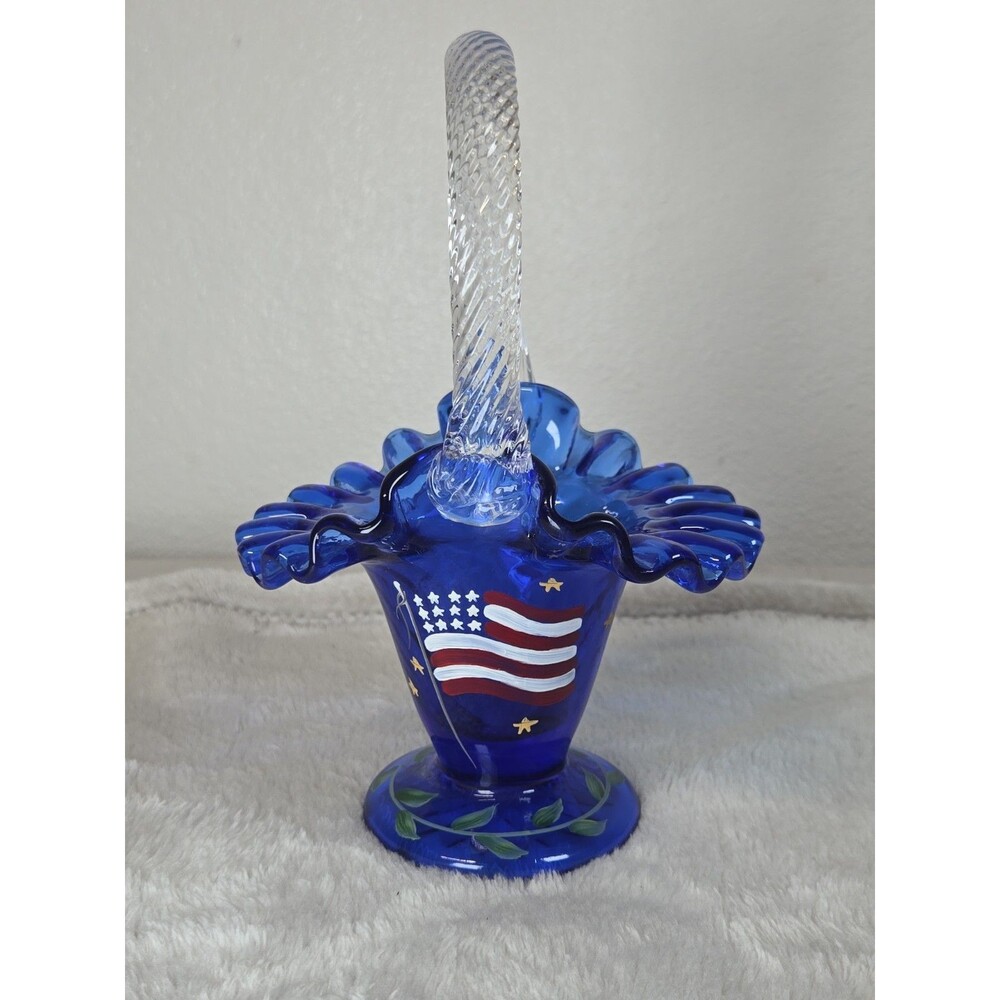 Fenton Patriotic 7" Cobalt Blue Basket w American Flag Rope Twist Handle Signed